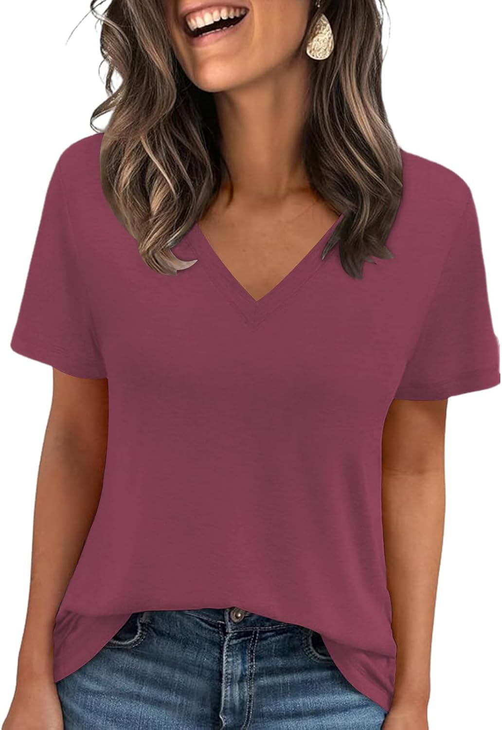 Thumbnail 1 de Cuptacc Damen T-Shirt mit V-Ausschnitt, kurzarm, einfarbig – Basic für Sommer & Alltag