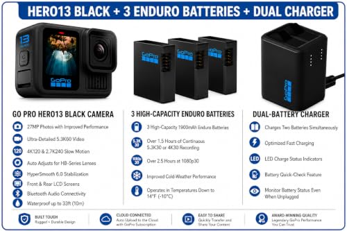 Detalle de GoPro HERO13 Black Action Camera Bundle with 3 Enduro Batteries & 64GB SD: All-Day Adventure Gear