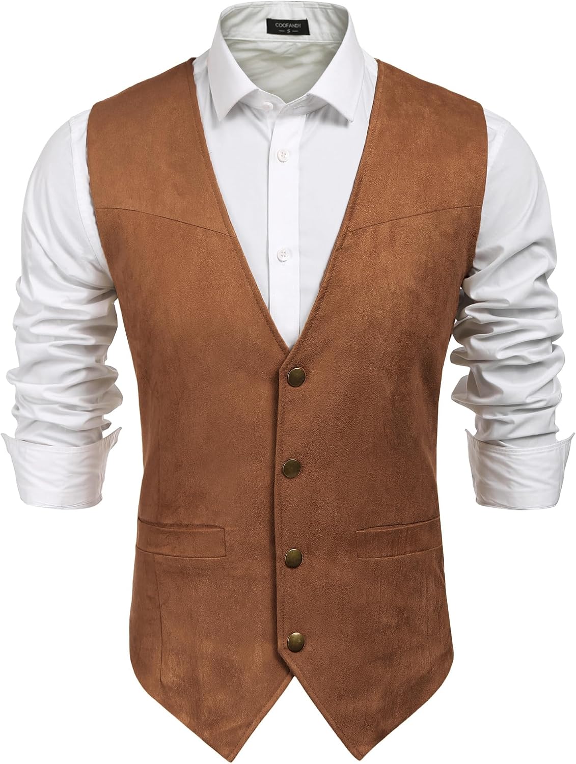 Detalle de COOFANDY Men's Suede-Style Western Vest, Slim Fit with Lining and 2 Pockets