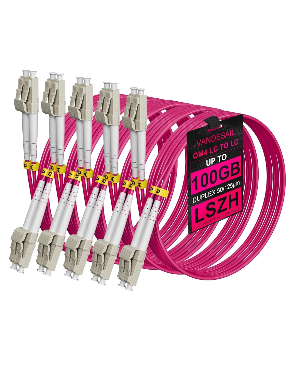 VANDESAIL 5 Pack LC to LC OM4 Patch Cable — 5x 5M MM Duplex Fiber Jumpers (50/125μm, LSZH) for SFP+/Data Center