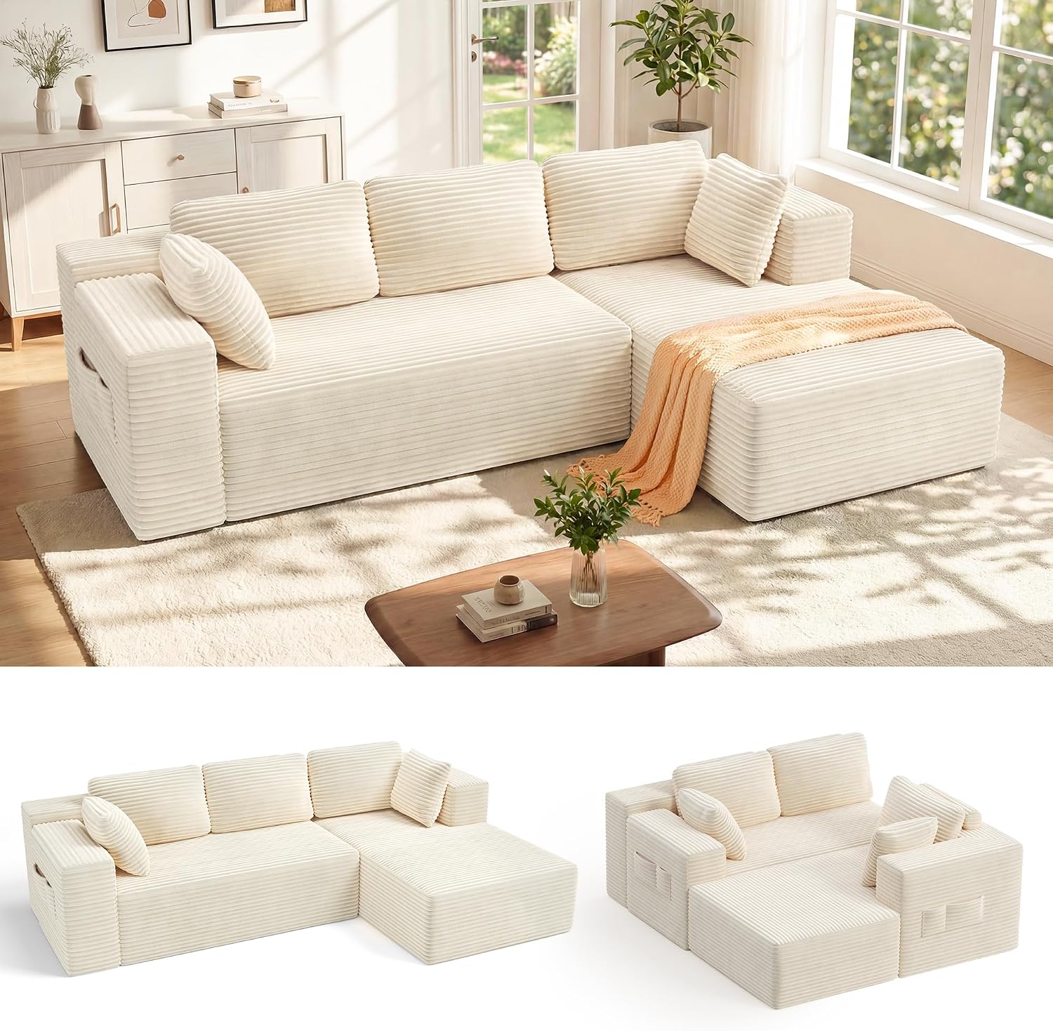 Thumbnail 6 de Xbro AR35 hoekzetel, 3-zits in L-vorm met chaise longue rechts, beige ribstof