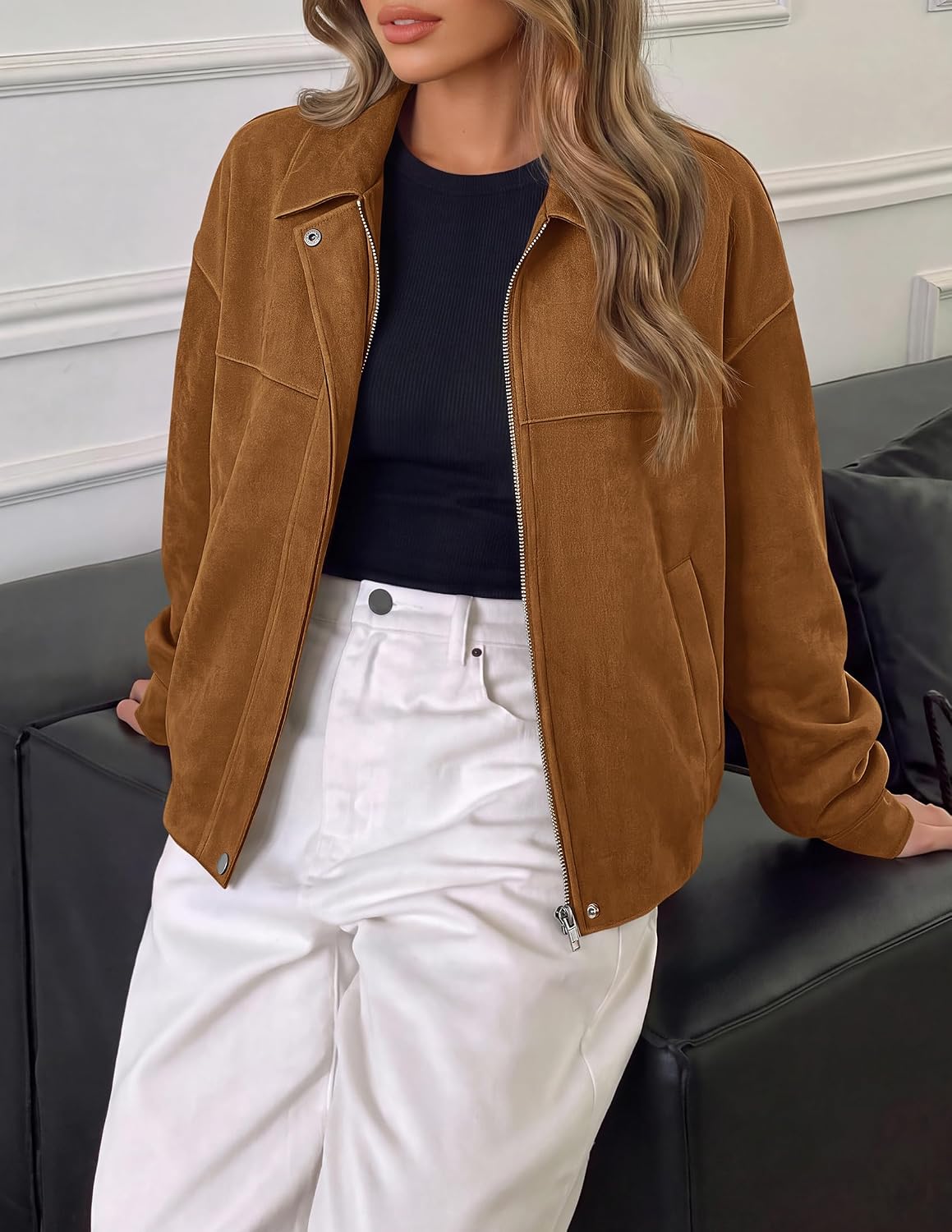 Detalle 2 de PRETTYGARDEN Faux Suede Cropped Jacket