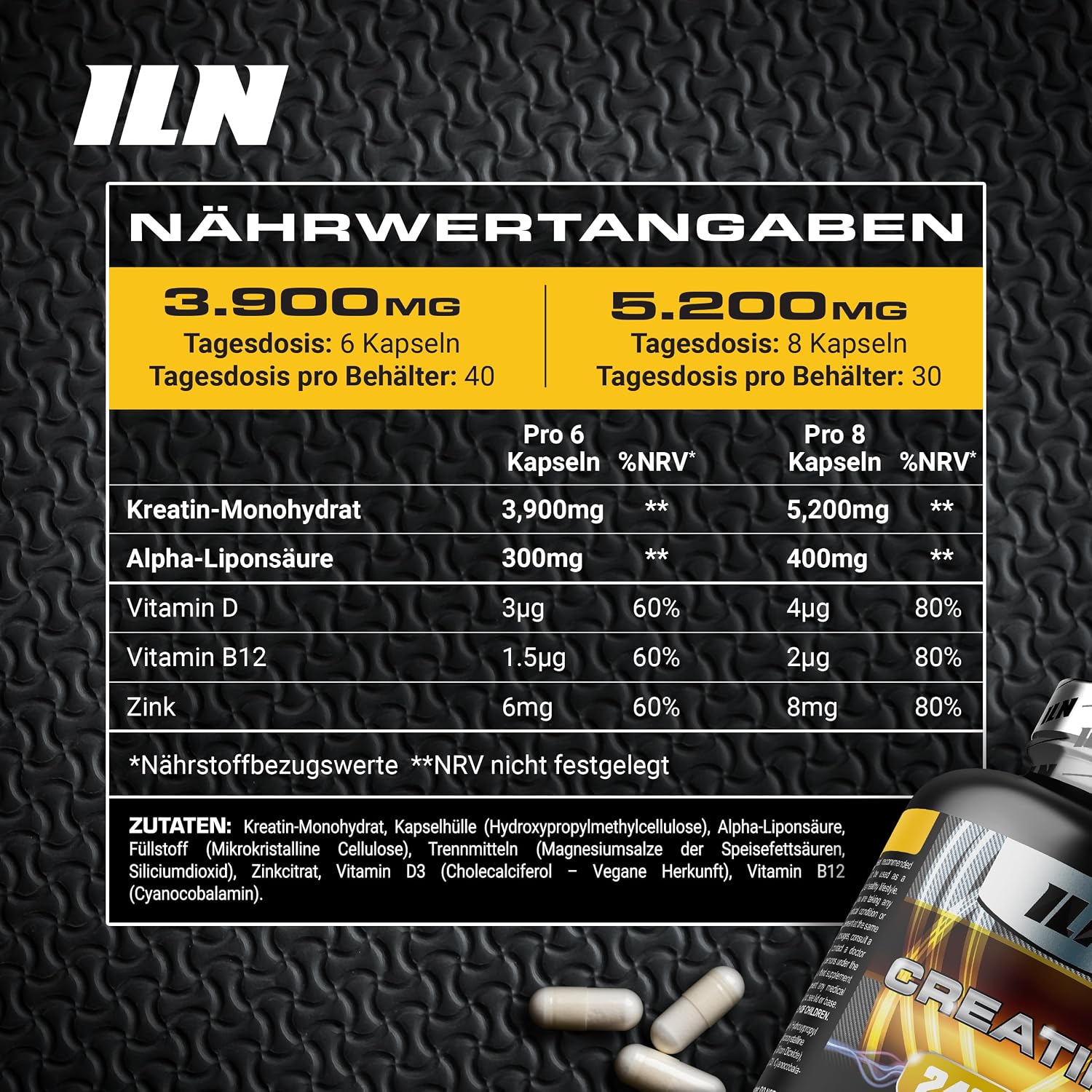 Detalle 2 de ILN Creatin Kapseln – 5.200 mg Kreatinmonohydrat pro Tag, 240 vegane Kapseln