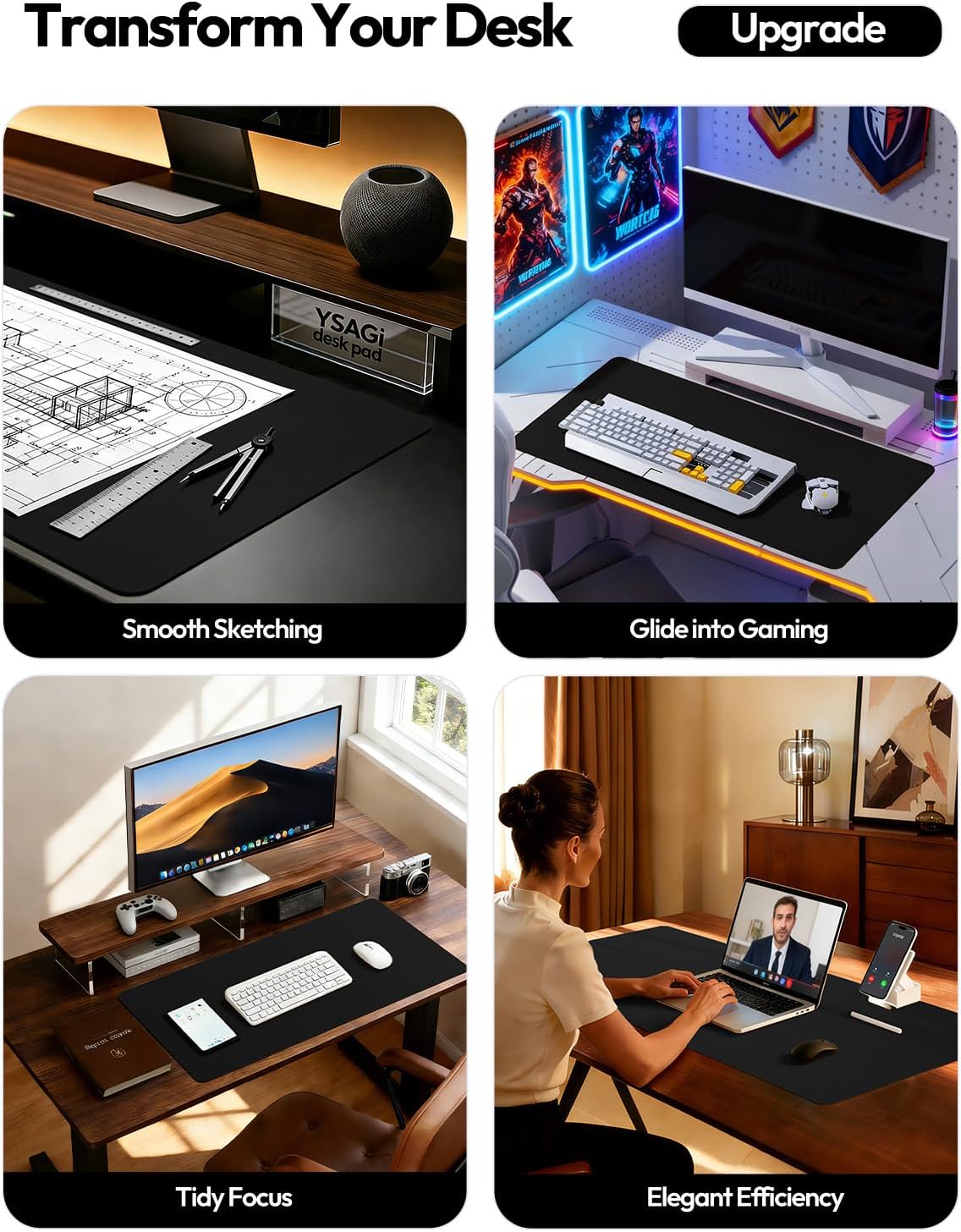 Detalle 2 de YSAGi Leather Desk Protector (Large) — PU Leather Office Mat & Mouse Pad, Waterproof, Non-Slip, Black