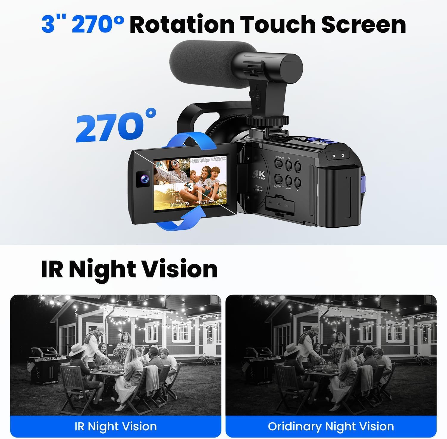 Thumbnail 3 de CAMWORLD Videocamera Camcorder 5K WiFi 56MP con doppio lente, 3” touchscreen e visione notturna IR