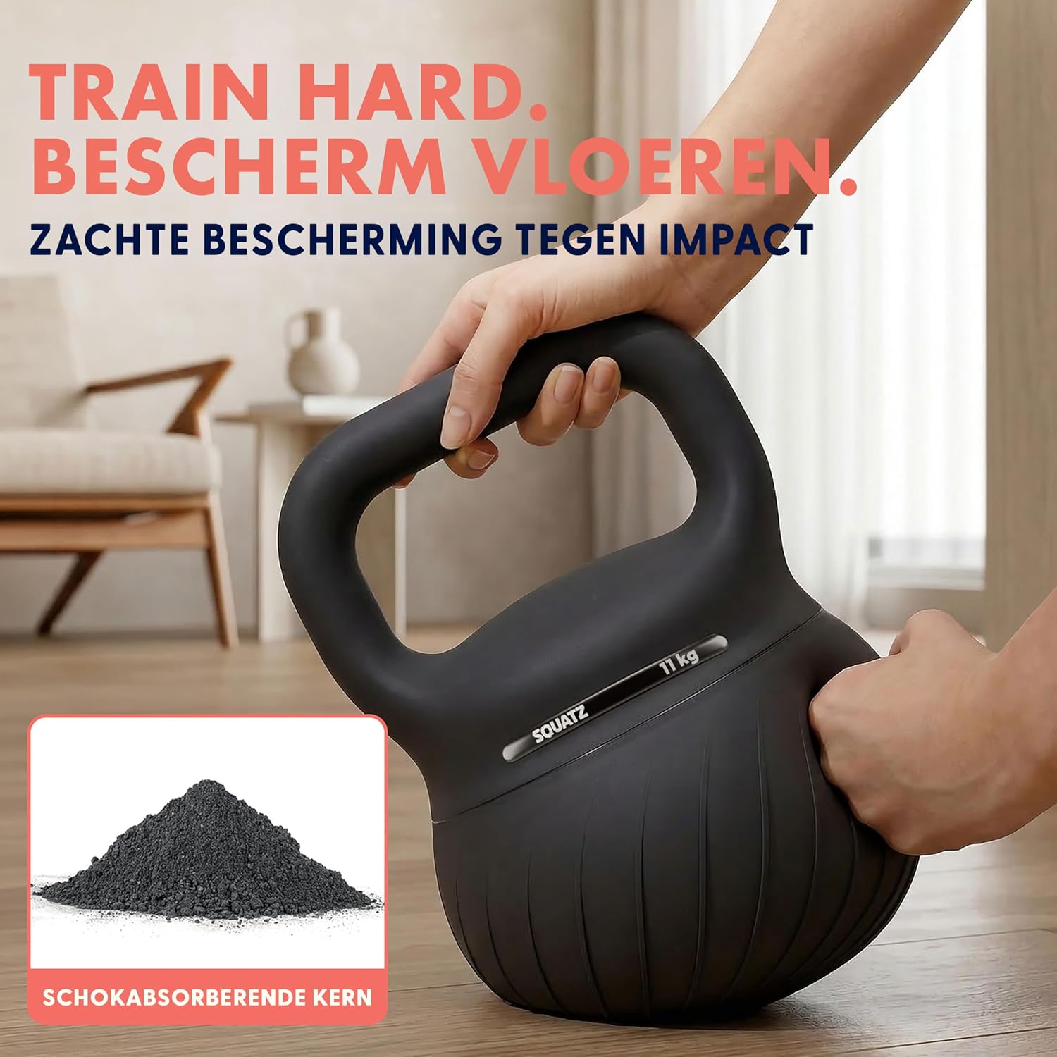 Detalle de SQUATZ SQKBSFT60BK Soft Drop kettlebellset met gedempte basis en brede grip