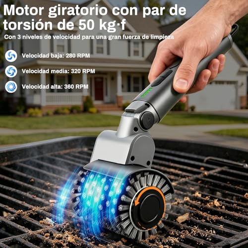 Detalle 2 de Hiwoor Cepillo Eléctrico para Barbacoa 3 en 1: 3 Cabezas, 150 Min Autonomía, Inalámbrico y 3 Velocidades
