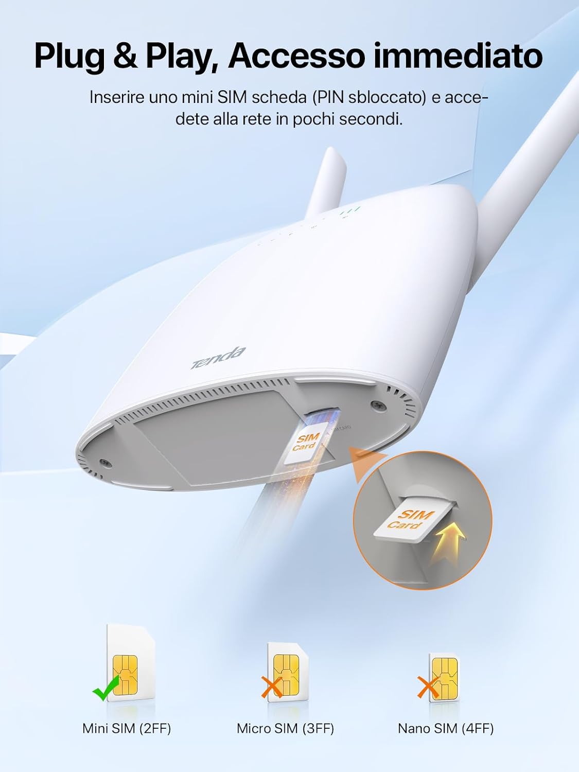 Detalle de Tenda 4G06: Router 4G LTE Cat4 con SIM, Wi‑Fi 300 Mbps e VoLTE per casa, camper e backup
