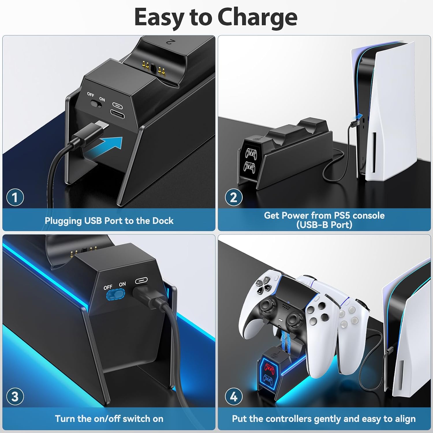 Detalle 2 de Tokluck PS5 Controller Ladestation mit RGB & LED-Status (für DualSense & Edge Controller)