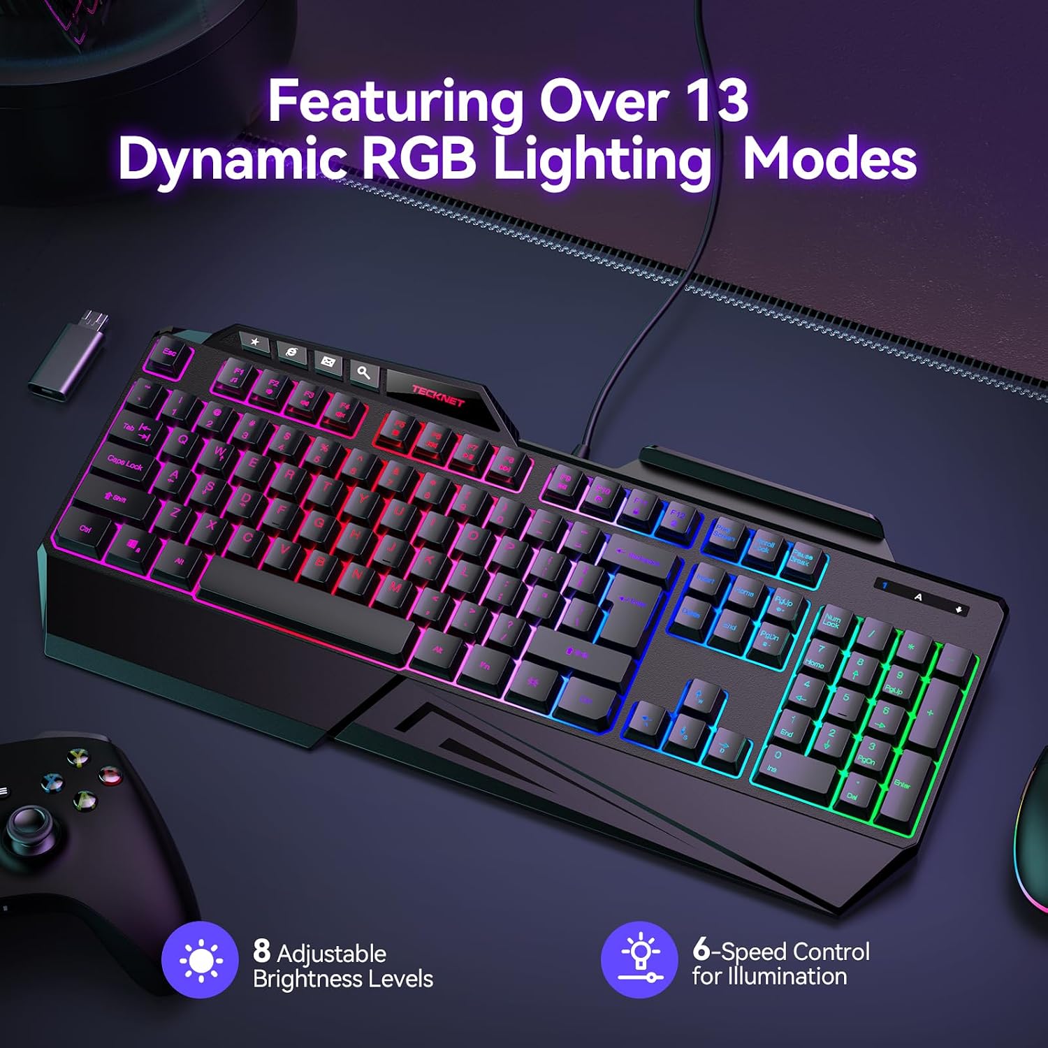 Thumbnail 3 de TECKNET Wired RGB Gaming Keyboard – 26-Key Anti-Ghosting with Ergonomic Wrist Rest