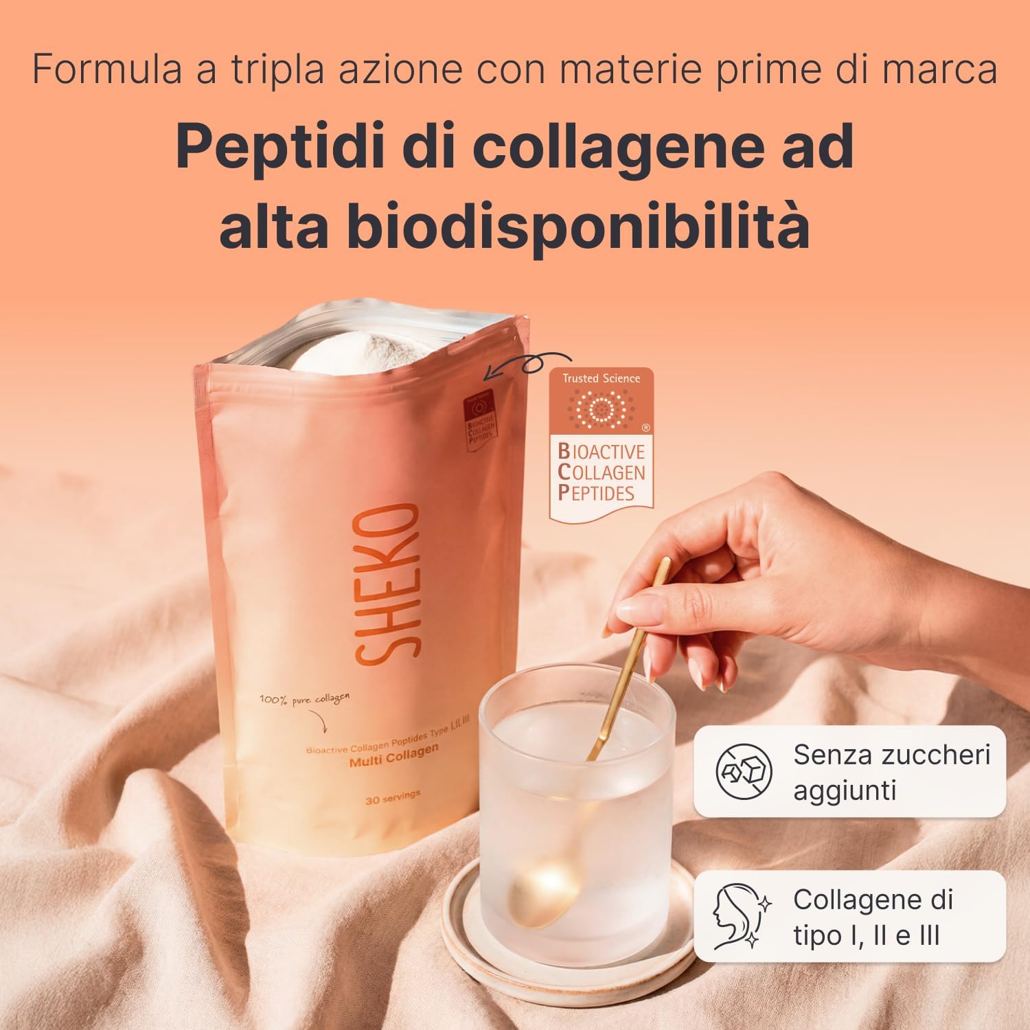 Detalle de SHEKO Collagene Idrolizzato in Polvere – Bovino Tipo 1, 2 e 3, 450 g