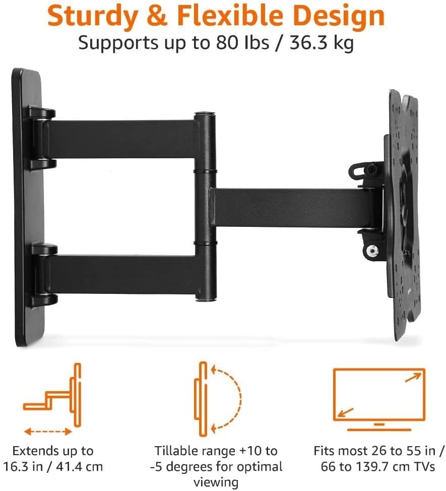 Thumbnail 3 de Amazon Basics TV Wall Bracket (26–55 inch) up to 36kg, swivel tilt mount for flat & curved TVs, VESA 100x100–400x400, black
