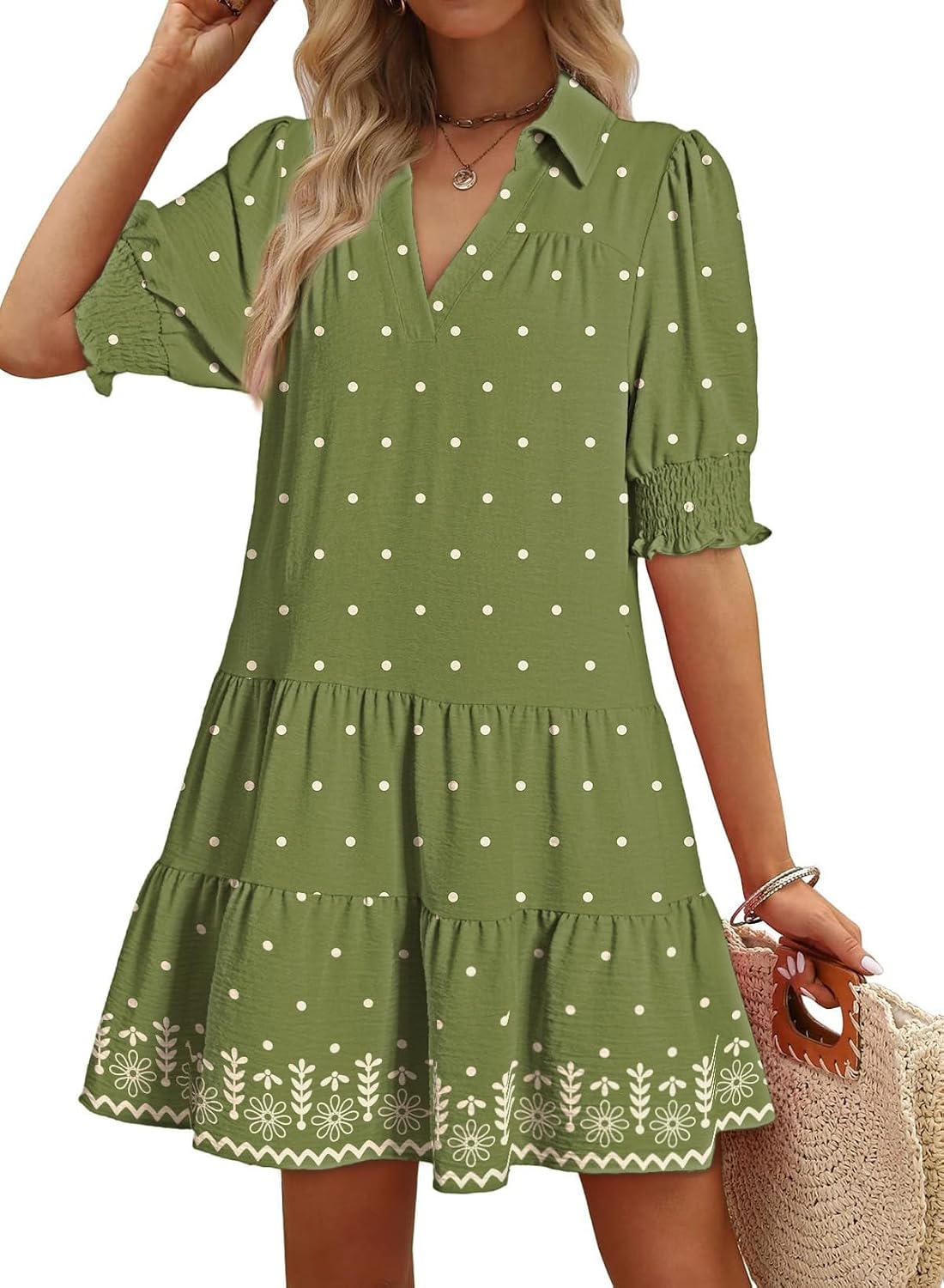 Thumbnail 3 de Dokotoo Casual Dresses for Women: Lapel Collar, V-Neck Mid Sleeve Pleated Midi Dress