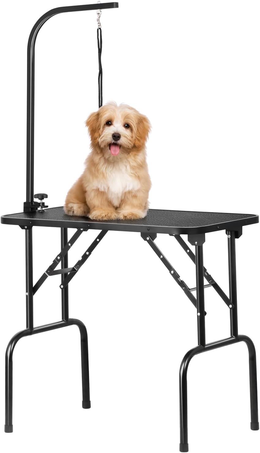 Detalle de Table de toilettage Yaheetech pour chien et chat – Pliable, 80,5 × 46 × 76 cm, bras/Anneau rose