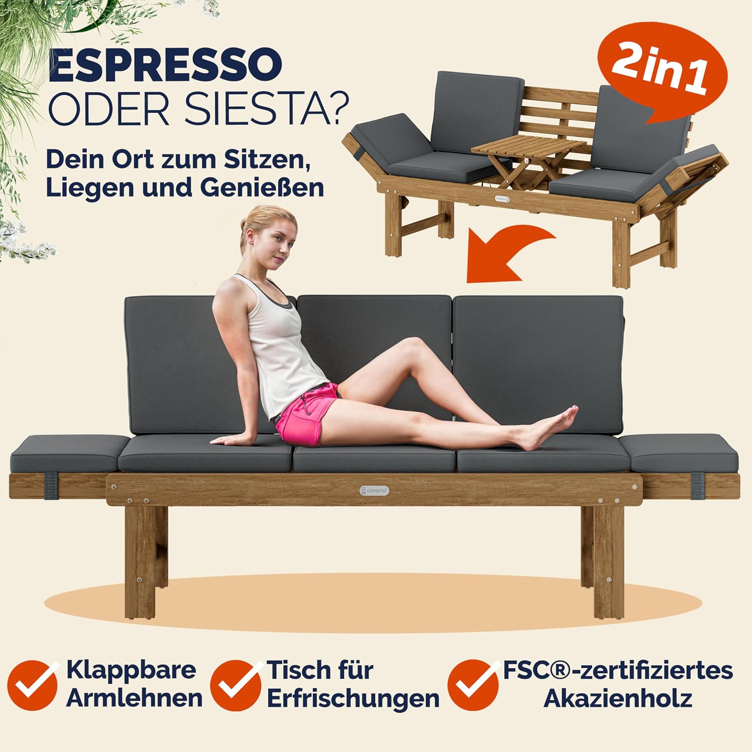 Thumbnail 1 de Casaria Gartenbank Wetterfest Holz mit Tisch 200x50 cm – 3-Sitzer, FSC Akazie, klappbar