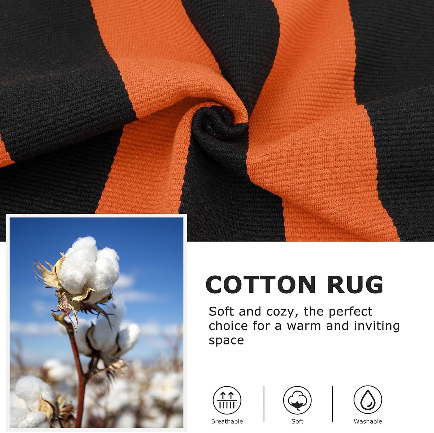 Detalle 2 de IOHOUZE Striped Rug 3' x 5' Indoor/Outdoor Cotton-Blend Rug, Orange/Black