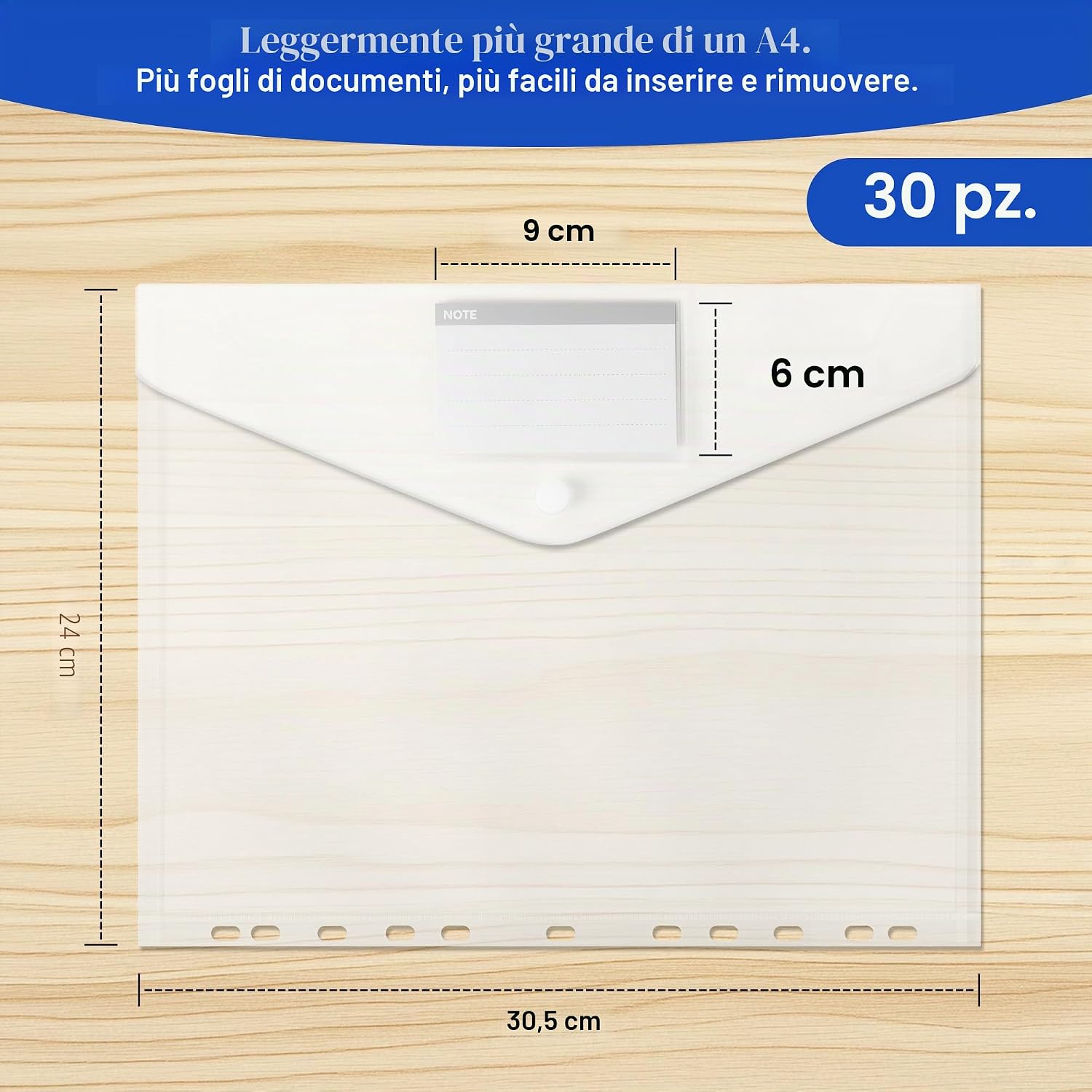 Detalle de 30 buste trasparenti A4 perforate espandibili con 11 fori per raccoglitori e chiusura in velcro