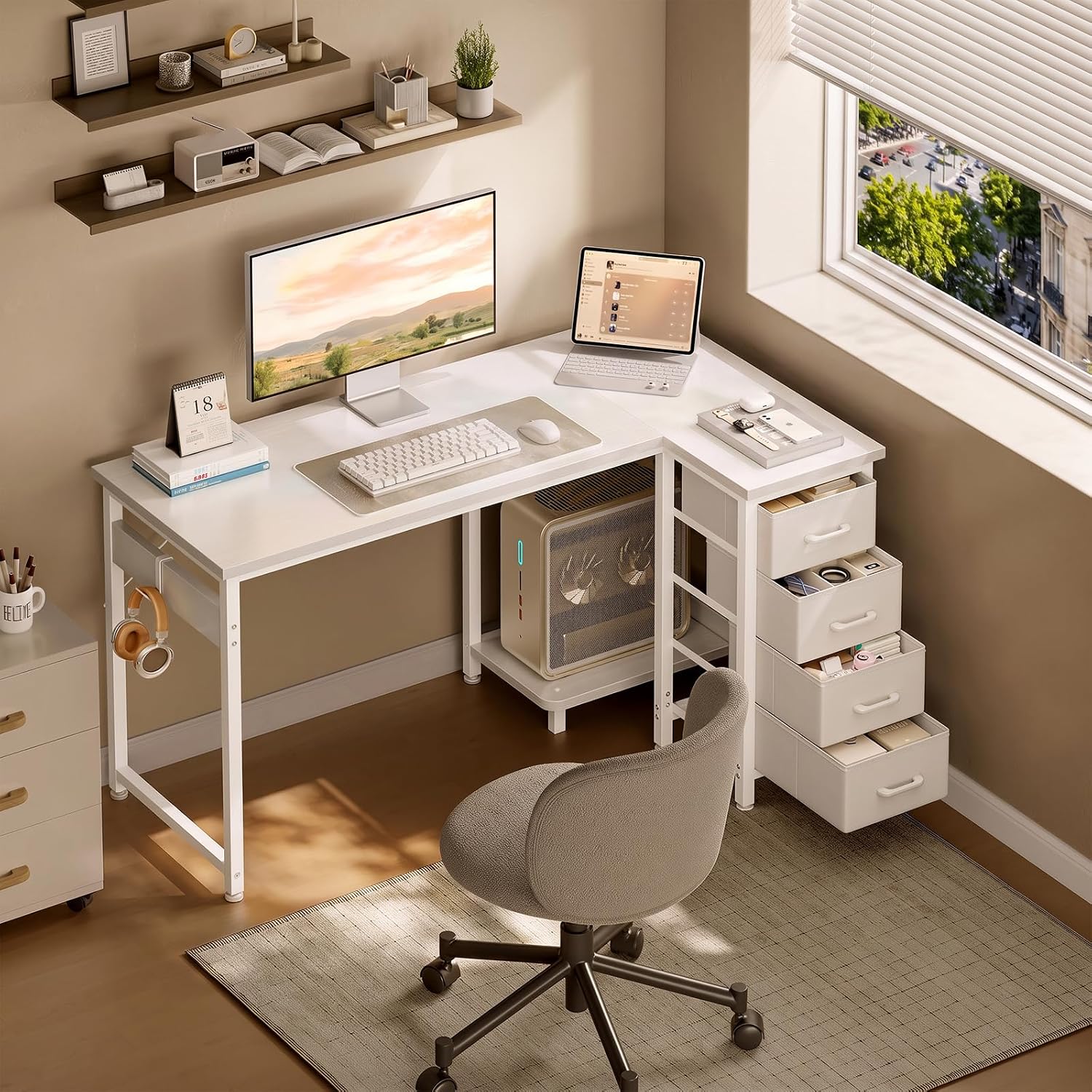 Detalle 2 de Coleshome ZJZ-ZX4D hörnskrivbord 120 × 70 cm med fyra tyglådor, vitt