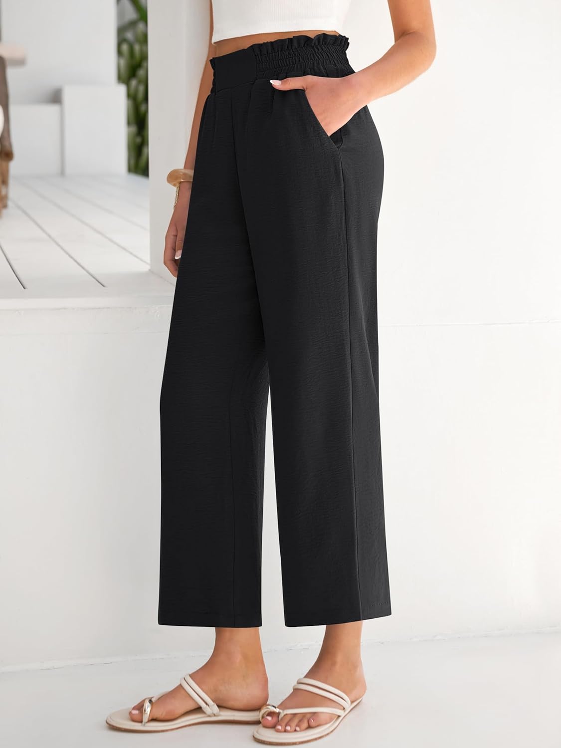 Detalle de ANRABESS Womens Wide Leg Palazzo Pants – High Waisted, Cropped, Beach-Ready with Pockets