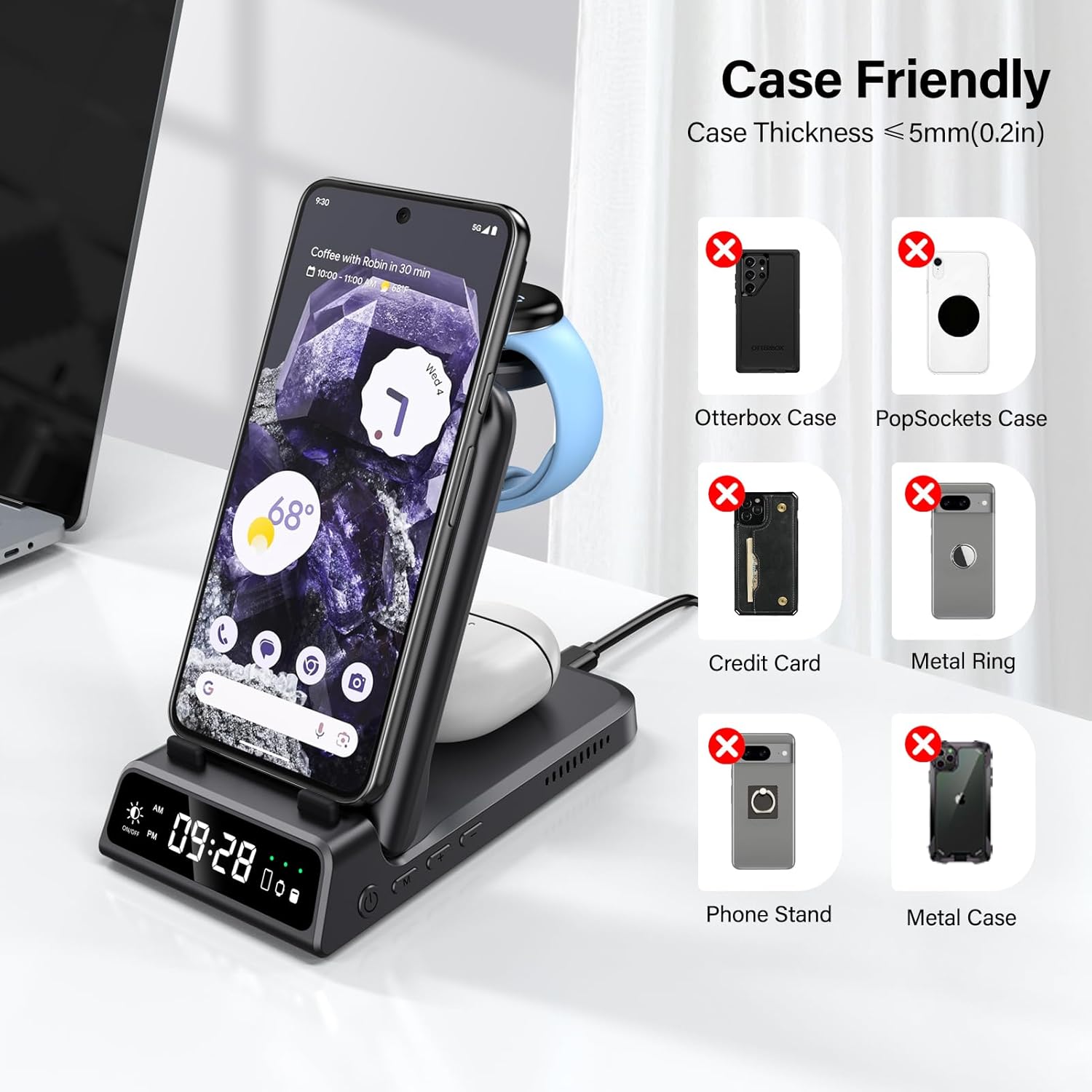 Thumbnail 5 de SwanScout 703G2 Stazione di ricarica wireless 3 in 1 per Pixel Watch 3/2 e Fitbit, con supporto per smartphone e Buds