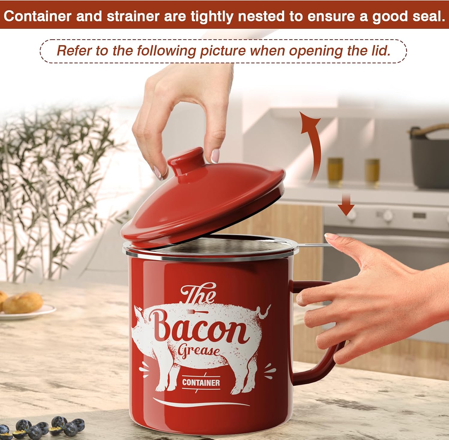 Detalle de Bacon Grease Container With Strainer (46OZ Large Enamel Grease Container) + Silicone Spatula