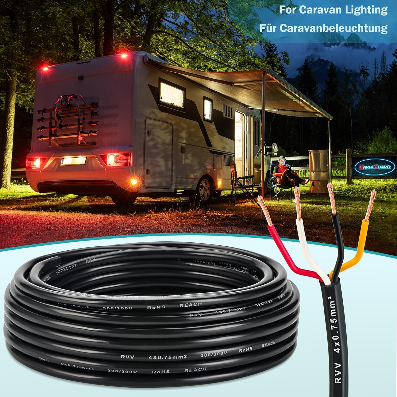 Detalle 2 de DARKGUARD 4 Core Trailer Cable 0.75mm², 5M – 12V/24V LED Wiring for Trailers, Caravans and Outdoor use