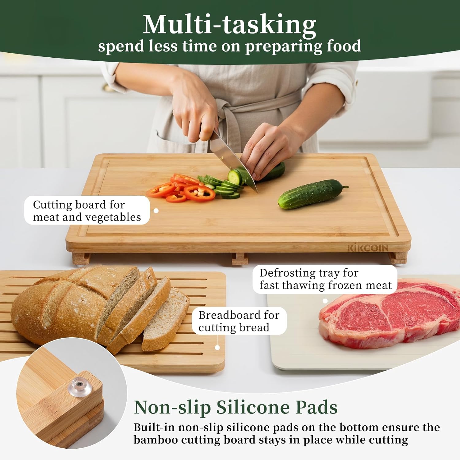 Thumbnail 2 de Kikcoin Bamboo Cutting Board Set with Defrosting Tray: All-in-One Meal Prep Kit
