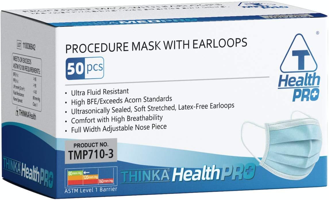 Detalle de THINKA Procedure Mask, 50-Pack, ASTM Level 1, Blue with Ear Loops