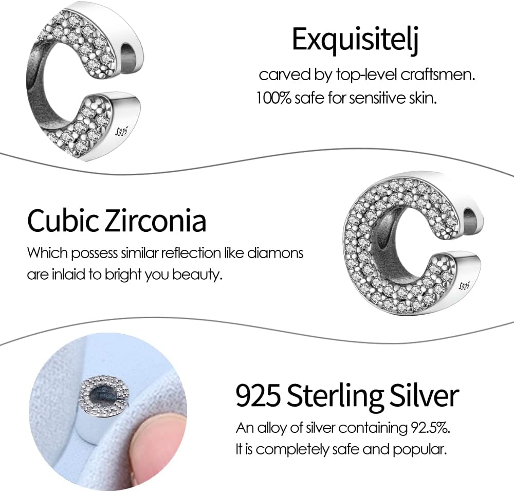 Detalle de TINSLO Ciondolo Bead Argento Sterling 925 Lettere con Cubic Zirconia, Compatibile con Pandora e braccialetti europei