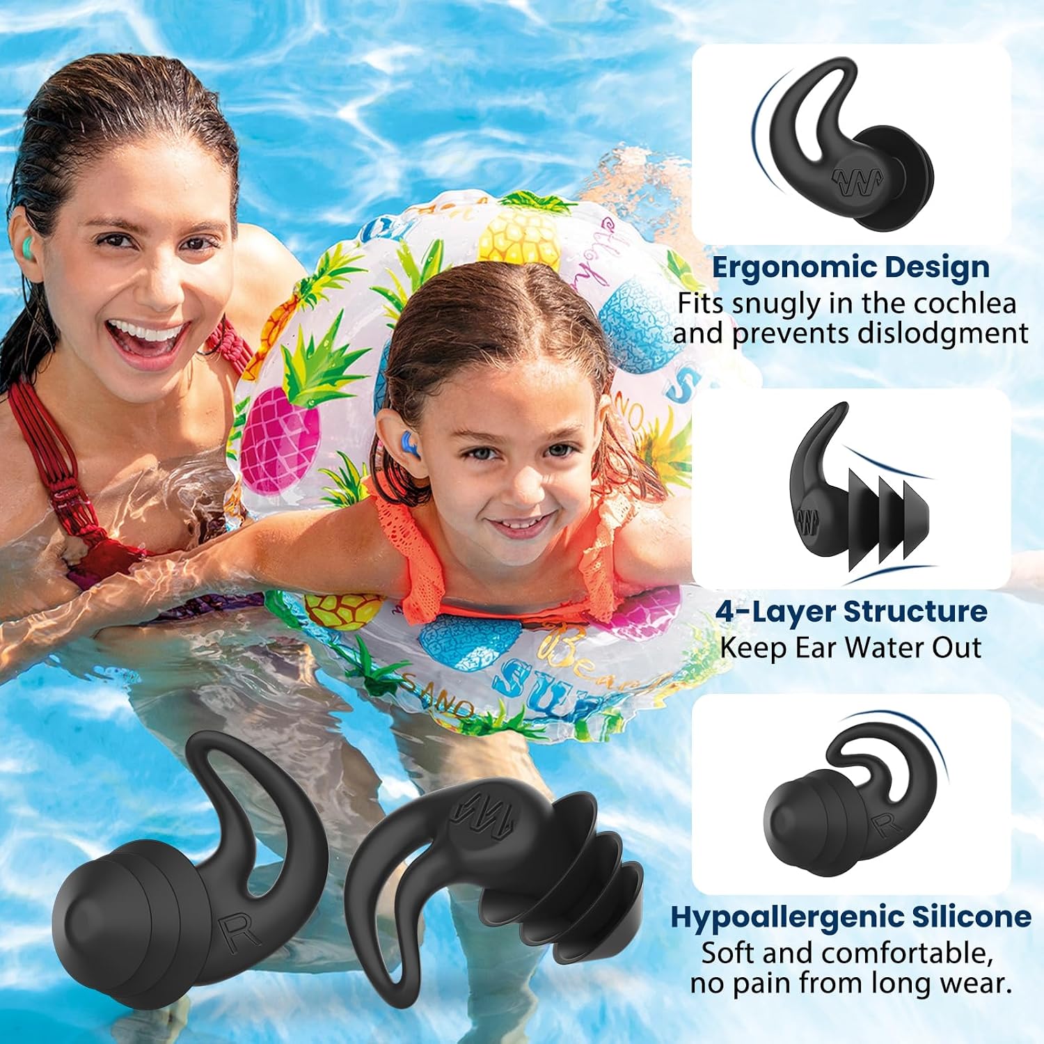 Thumbnail 1 de Swimming Ear Plugs - 4 Pairs Silicone Waterproof Ear Plugs for Surfing, Showering and Water Sports (Adults and Kids)