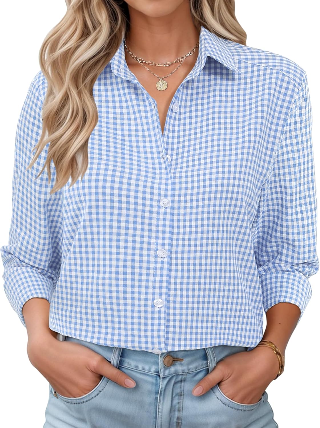 Thumbnail 6 de Rapbin Damen-Bluse mit V-Ausschnitt, Langarmhemd im karierten Streifen-Design