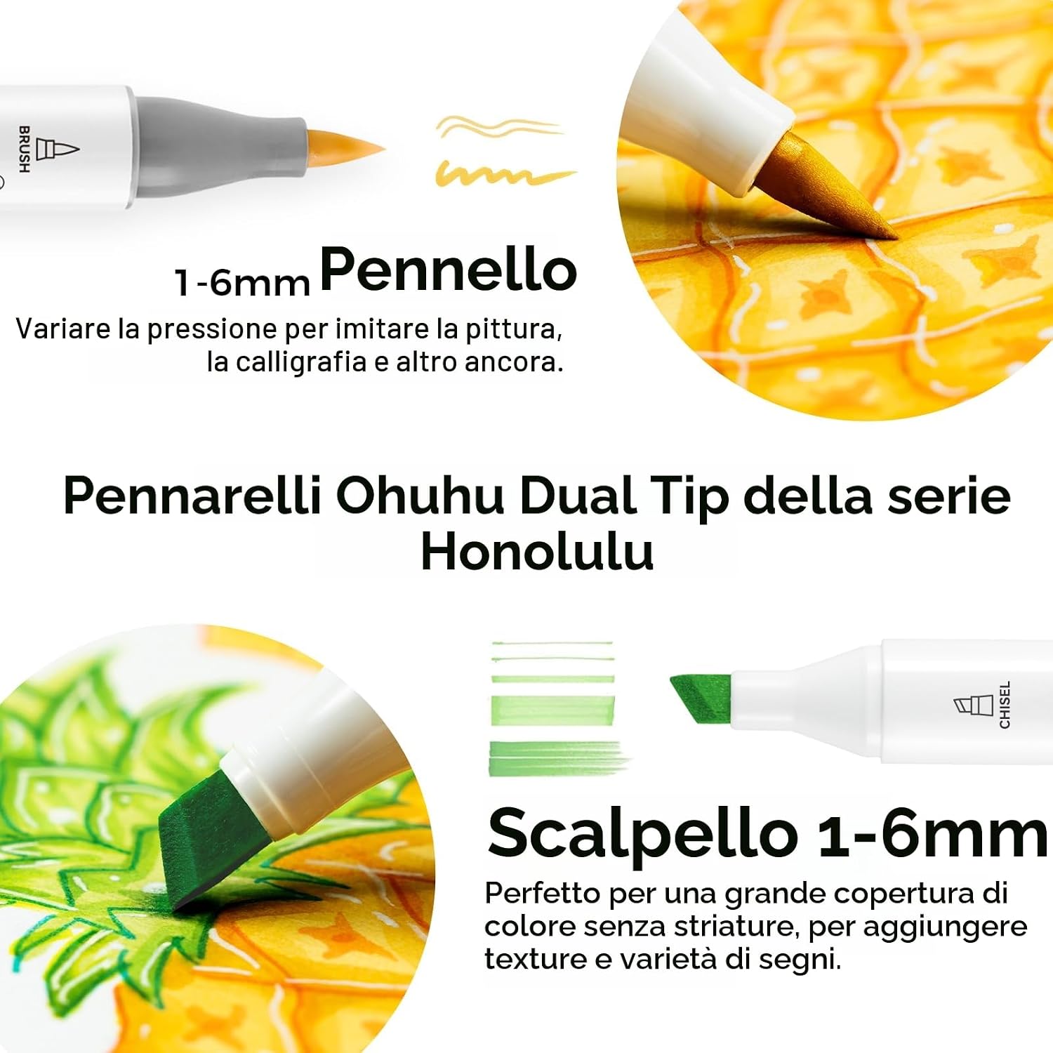 Detalle de Ohuhu Pennarelli ad Alcool 48 colori a doppia punta (fine e brush), con miscelatore omaggio