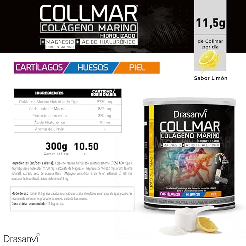Thumbnail 5 de Drasanvi COLLMAR Colágeno Marino Hidrolizado con Ácido Hialurónico, Magnesio y Vitamina C | 300 g, sabor Limón