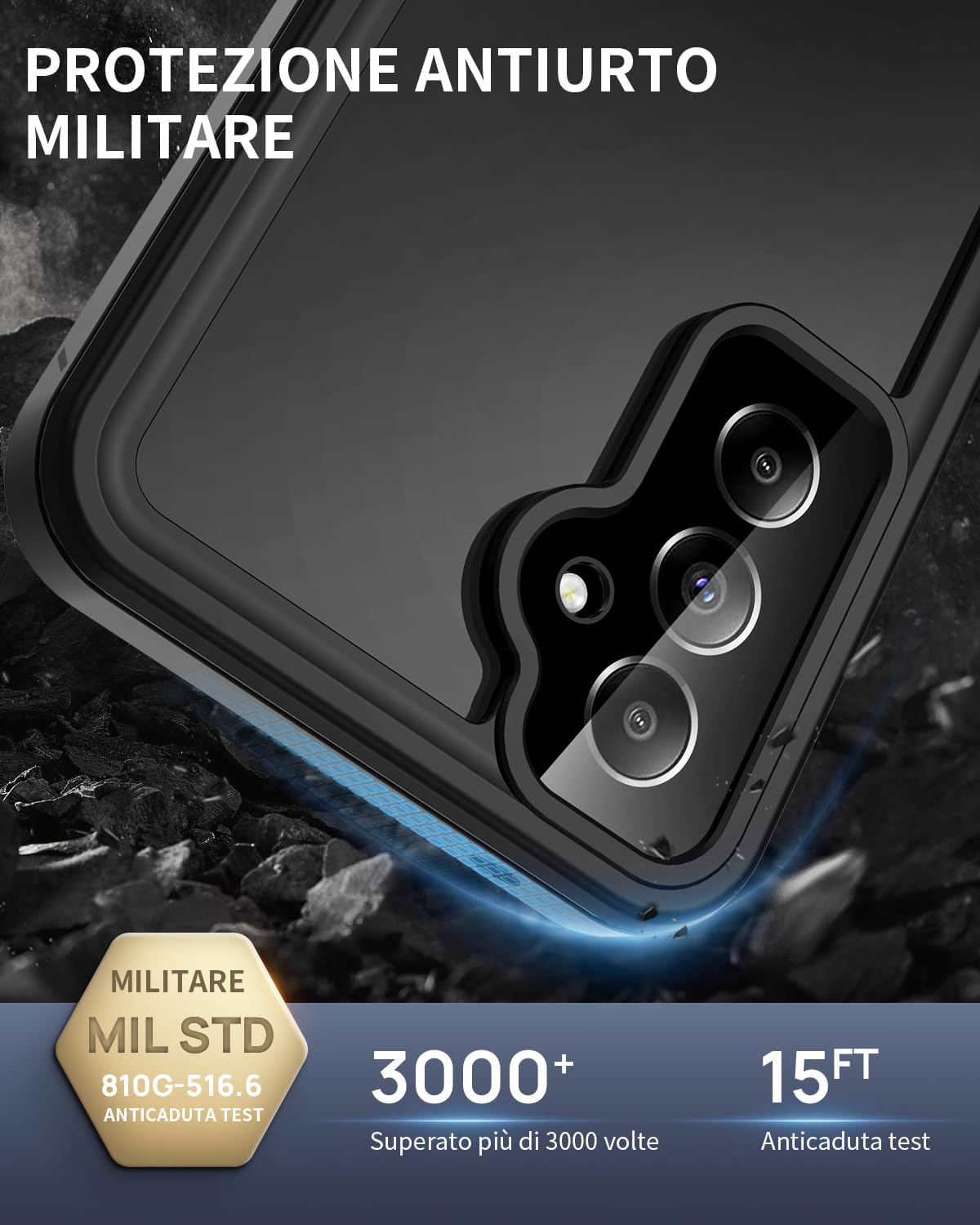 Detalle 2 de Focusor Cover impermeabile IP68 per Samsung Galaxy A55 5G con protezione schermo e custodia subacquea, nero