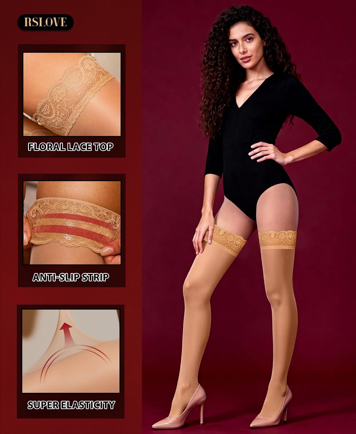 Detalle de RSLOVE 40D Nylon Hold-Up Stockings with Floral Lace and Silicone Strips