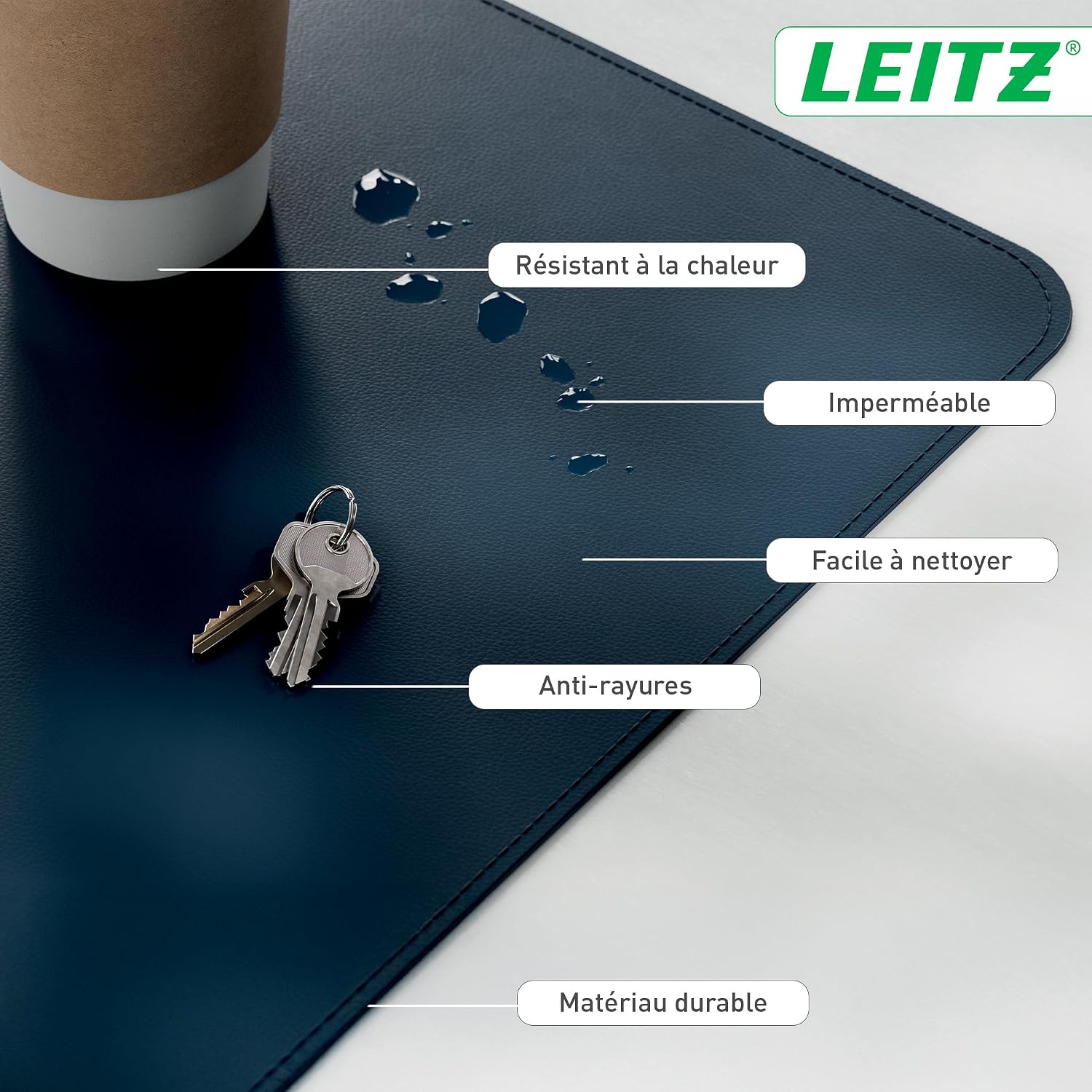 Detalle de Tapis de bureau grand format Leitz — Sous-main imperméable et antidérapant 80x40 cm, bleu foncé