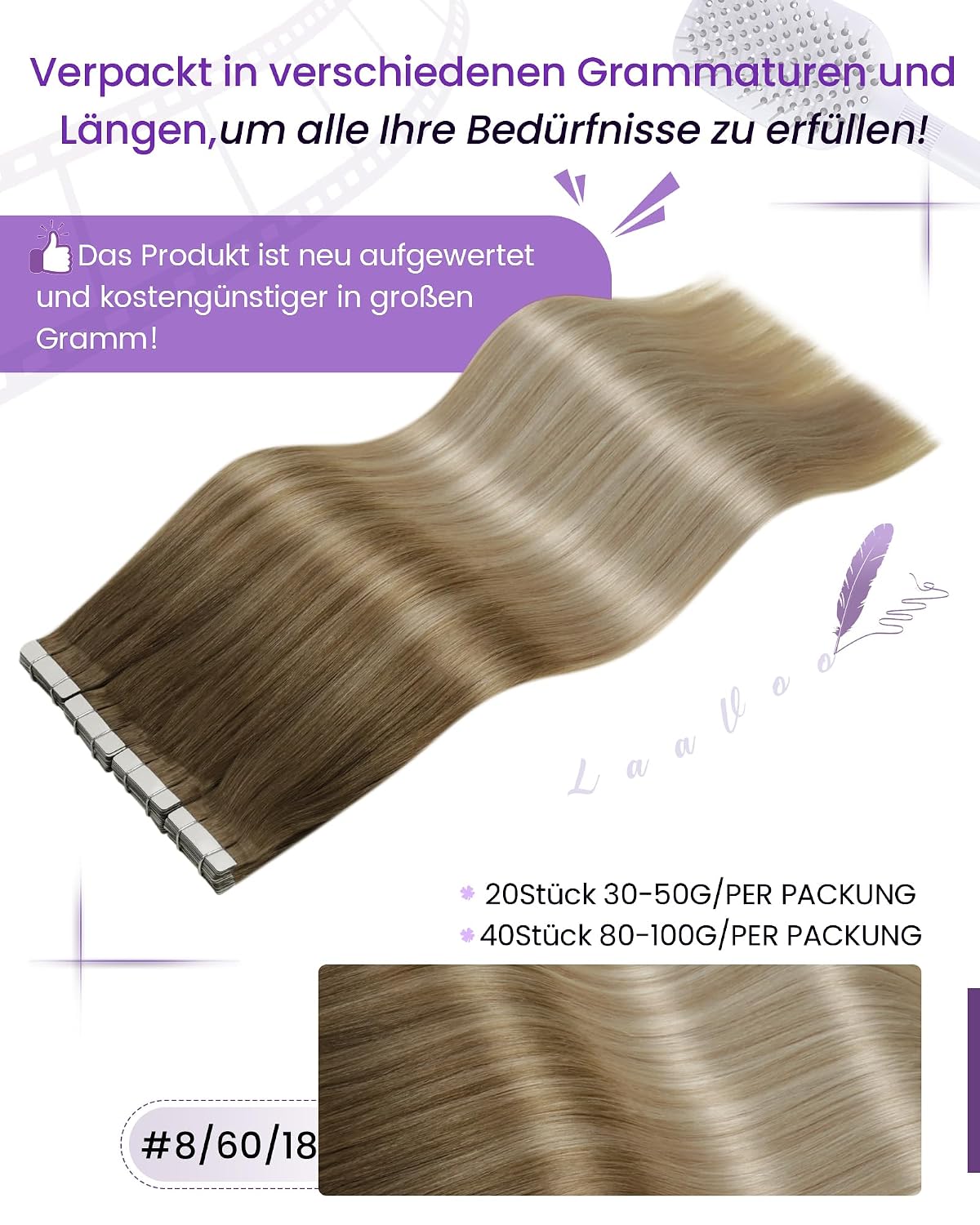 Detalle de LaaVoo Tape-in Extensions Echthaar Ombre Blond – 20 Stück, 30 cm