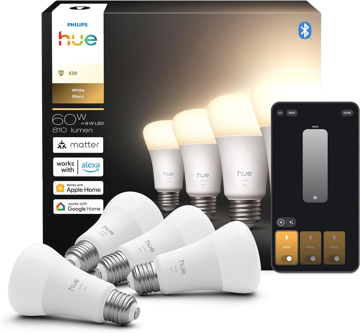 Philips Hue A19 Smart LED Bulb 4-Pack 9W