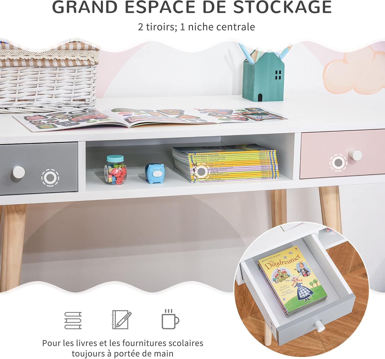 Thumbnail 3 de HOMCOM Bureau Enfant Style scandinave avec tiroir et compartiment de rangement – 100L x 48l x 76,5H cm