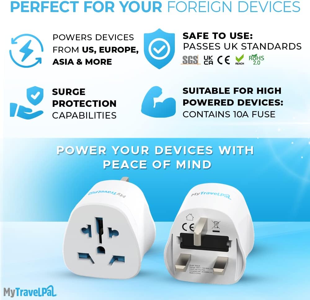 Detalle 2 de MyTravelPal World to UK Plug Adapter | Universal Travel Adaptor with 10A Fuse