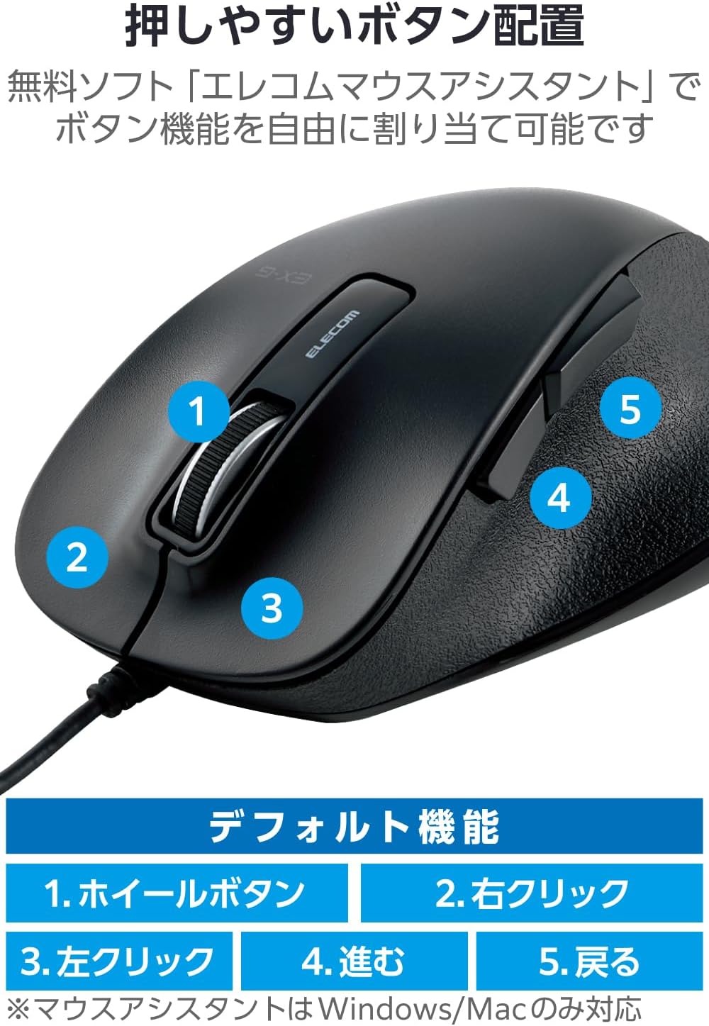 Thumbnail 2 de エレコム M-XGL10UBSBK 有線マウス Lサイズ 5ボタン 静音 BlueLED
