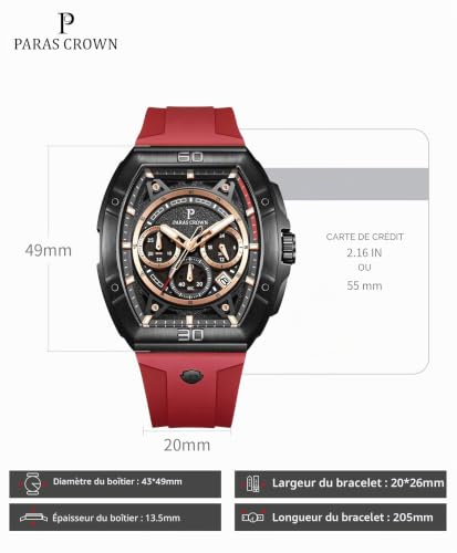 Thumbnail 3 de PC PARAS CROWN Montre Homme Quartz Chronographe – Boîtier Tonneau, acier inoxydable, 5 ATM, bracelet silicone
