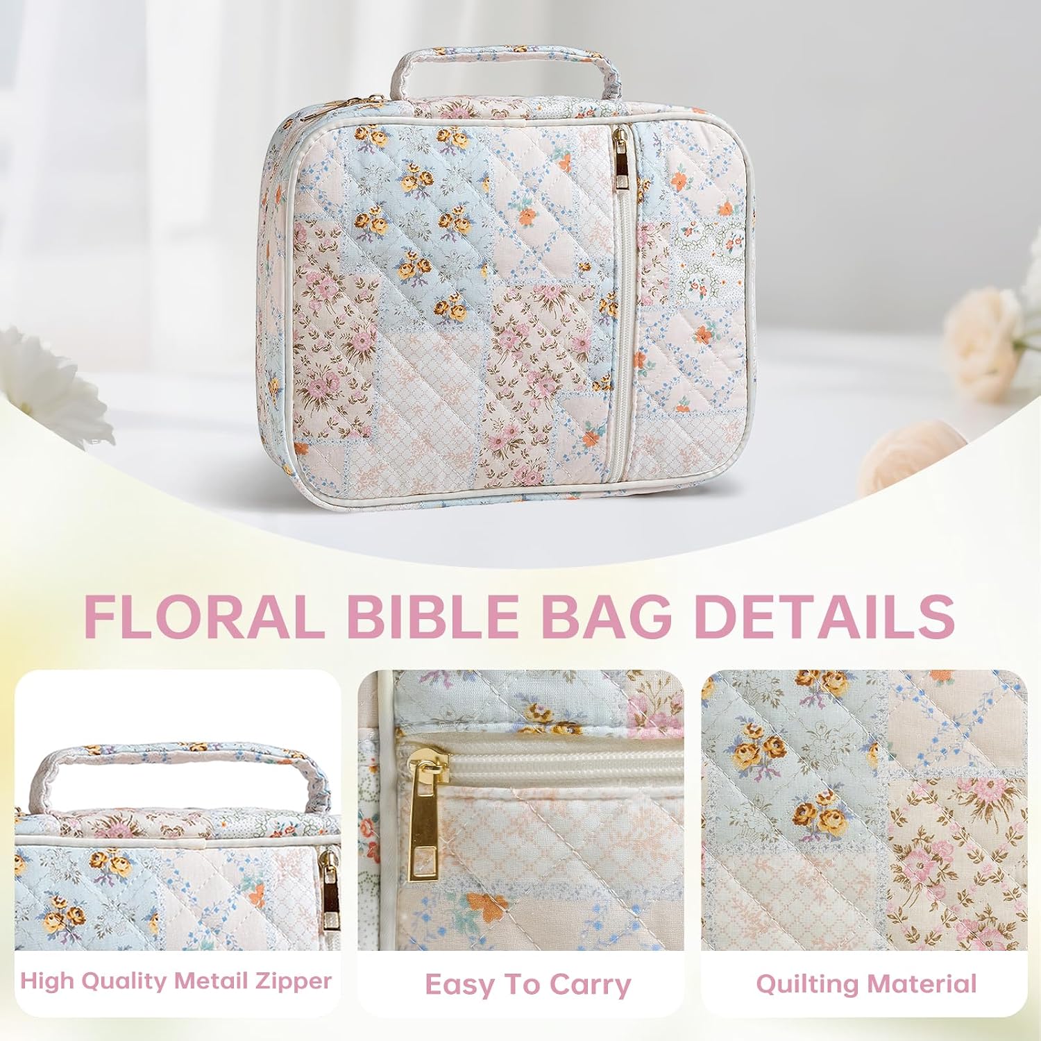 Detalle de YKFLY Quilted Bible Cover Case, Floral Cotton Carrying Bag with Zipper