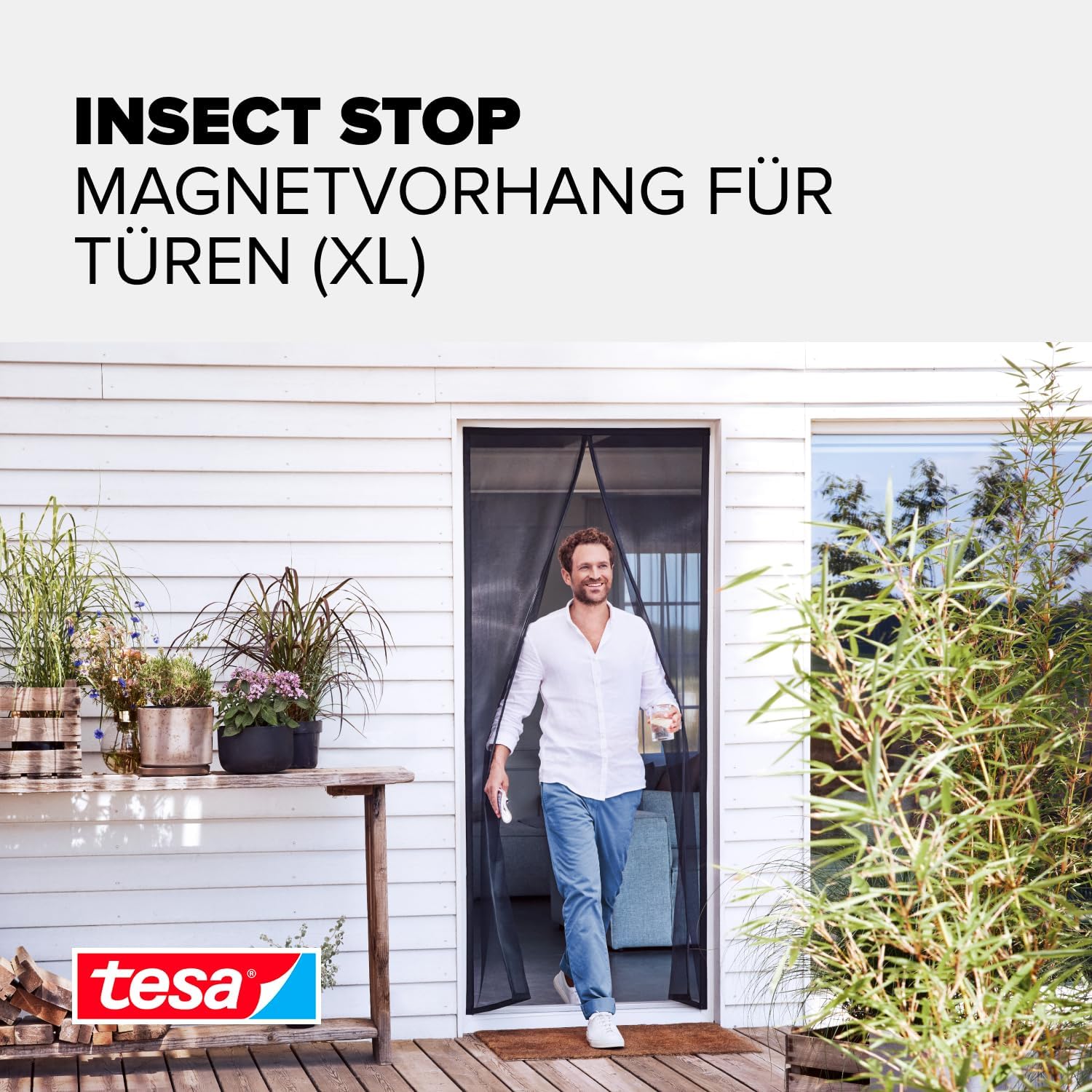 Detalle de tesa INSECT STOP Magnetvorhang XL – 2,4 m × 1,2 m Anthrazit, selbstschließender Insektenschutz für Balkon- und Terrassentüren