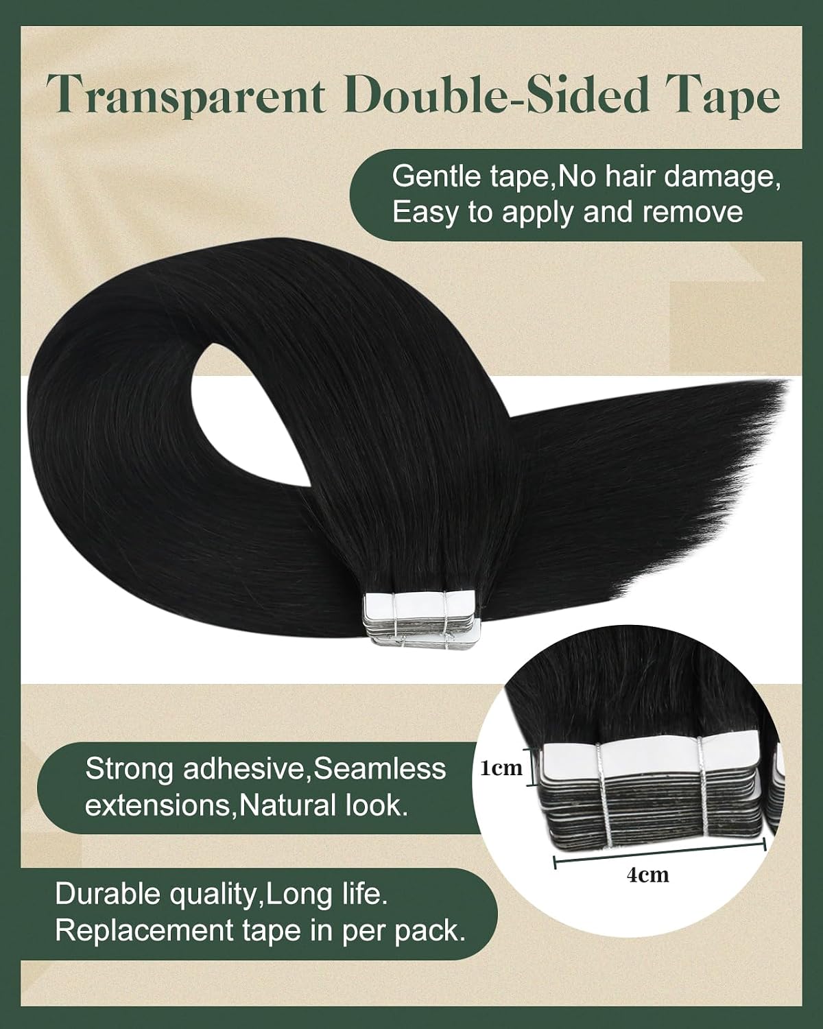 Detalle de Ugeat Tape-in Extensions Echthaar Schwarz – 20 Stück, 45 cm, 50 g
