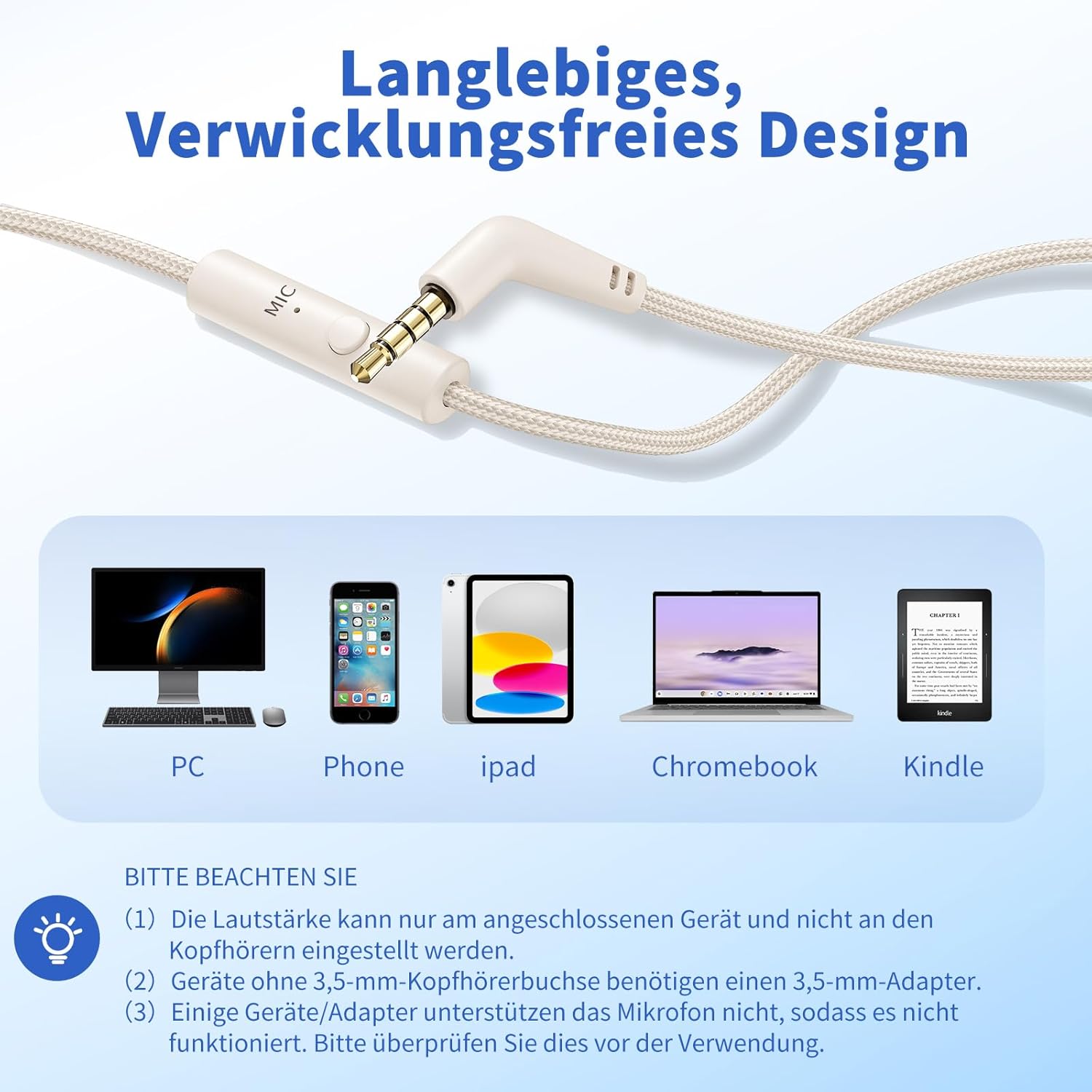 Detalle de Kopfhörer mit Kabel und Mikrofon, Over-Ear, 3,5 mm, faltbar – 1,5 m Nylonkabel