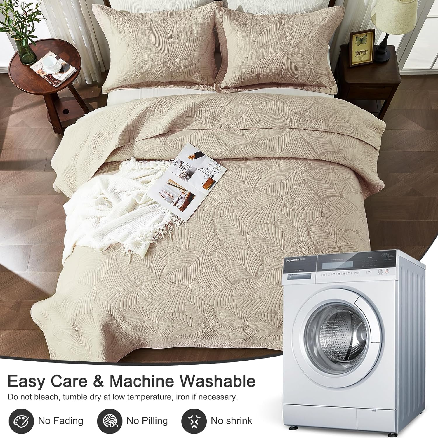 Thumbnail 6 de Qucover Couvre Lit Coton 2 Personnes 220x240 – Beige, Motif Floral, 3 Pièces