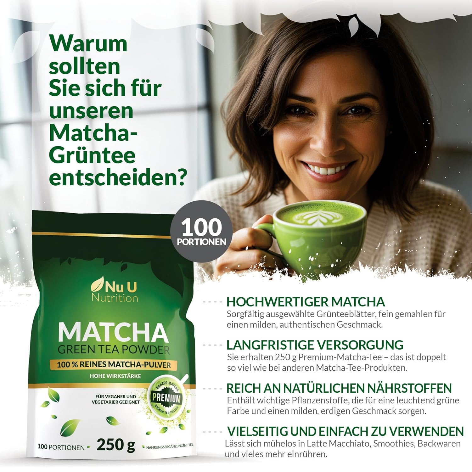 Detalle de Matcha Grüntee Pulver 250 g – Nu U Nutrition, 100 Portionen, Premium Lebensmittelqualität