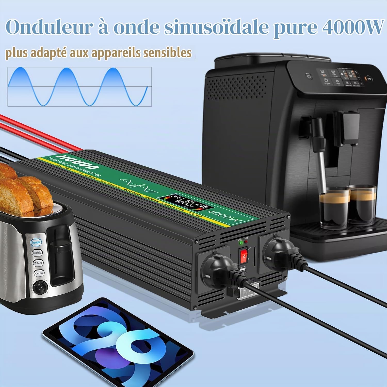 Detalle 2 de JIGUUN 4000W24V omvormer 24 V met zuivere sinus, 8000 W piekvermogen en lcd