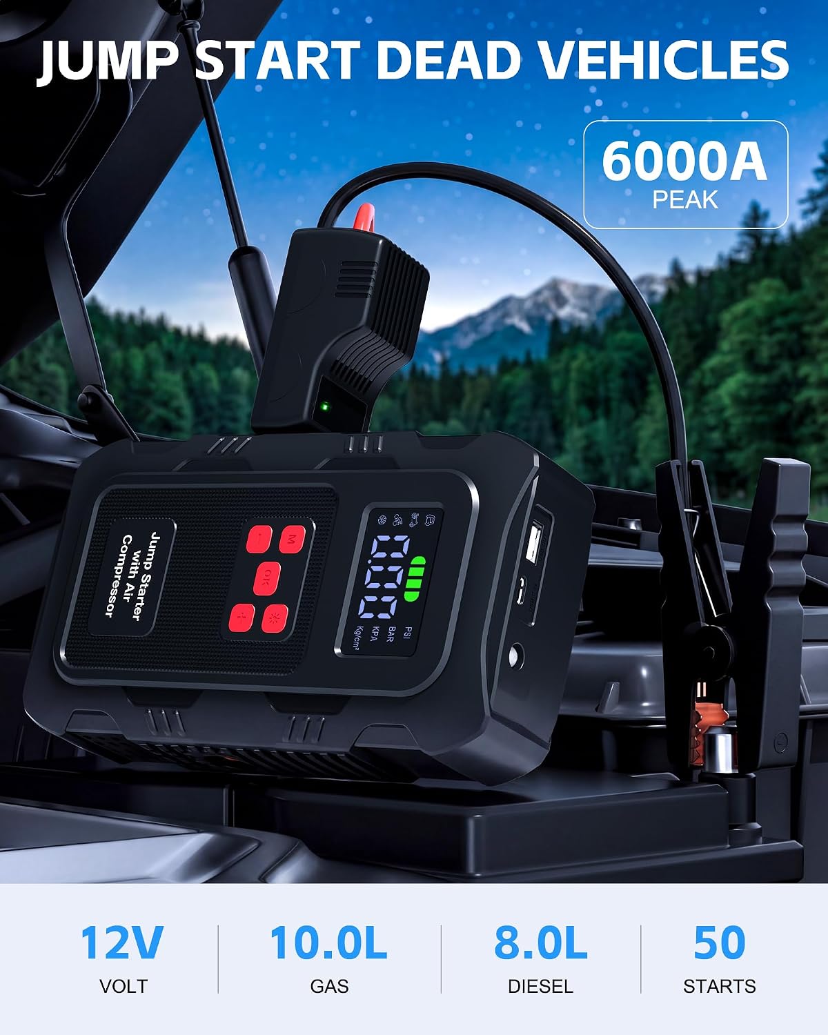 Detalle de Povasee Jump Starter Power Pack with Air Compressor 150PSI – 6000A, 12V Battery Booster with LED Light